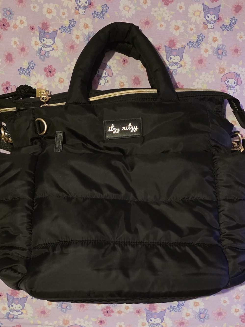 Itzy Ritzy Black Puffer Tote with Gold Hardware